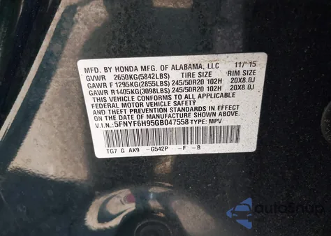 2016 Honda Pilot Touring z USA, uszkodzony, nr VIN 5FNYF6H95GB047558